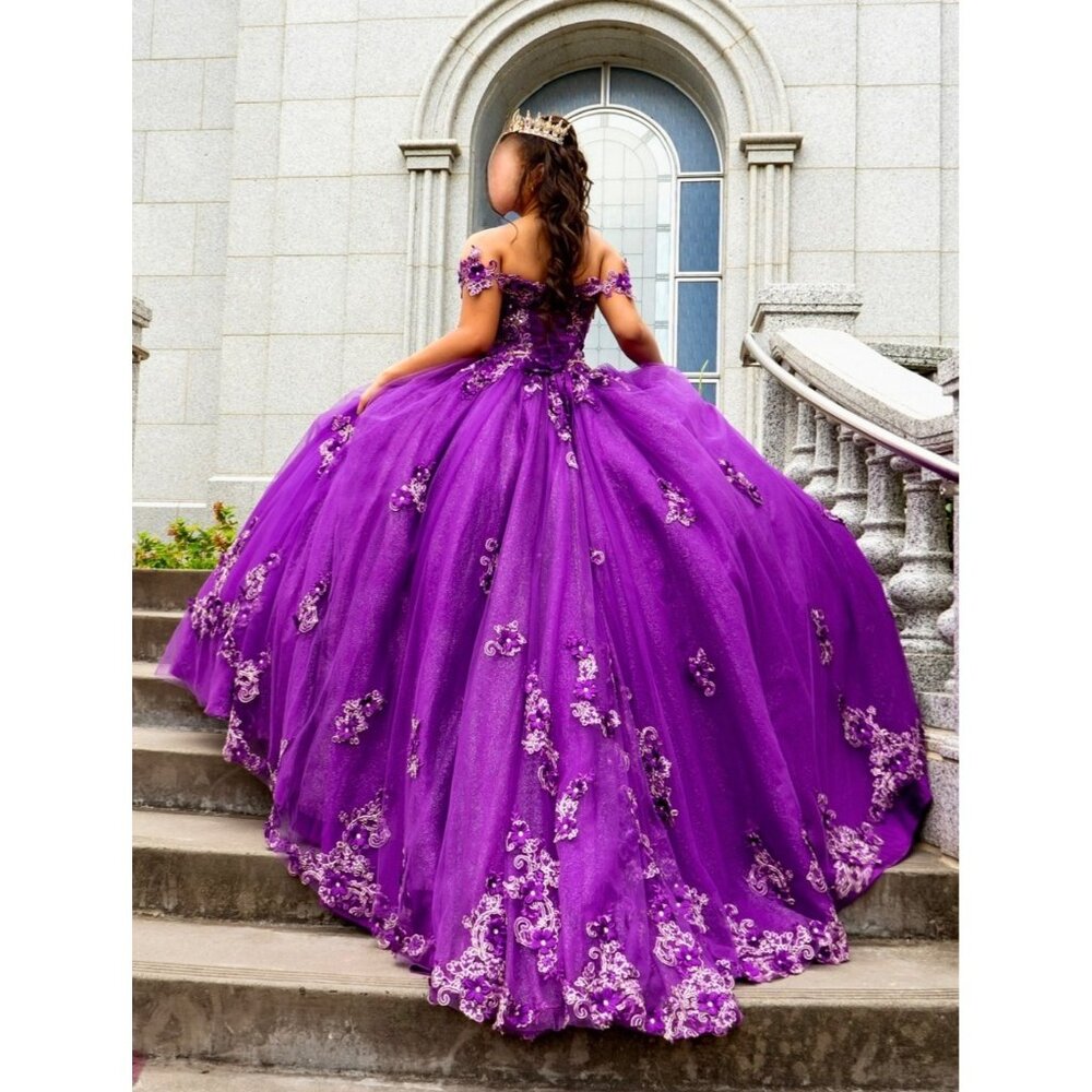 Young Women's - Purple Quinceañera Gown with Gold Floral Embroidery | Corset Bac